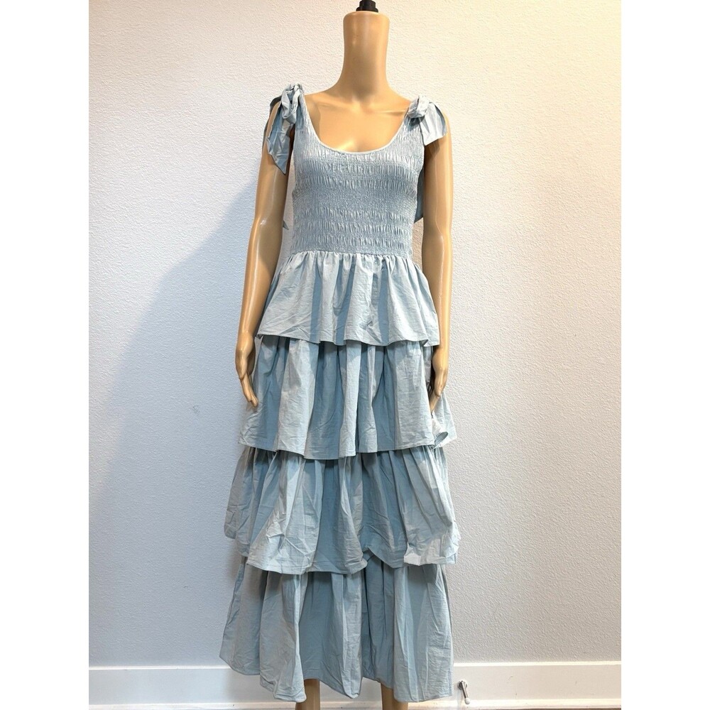 Mable Raphael Tiered Ruffle Maxi Dress Blue Smocked Boho Size Large NWOT - Picture 4 of 16